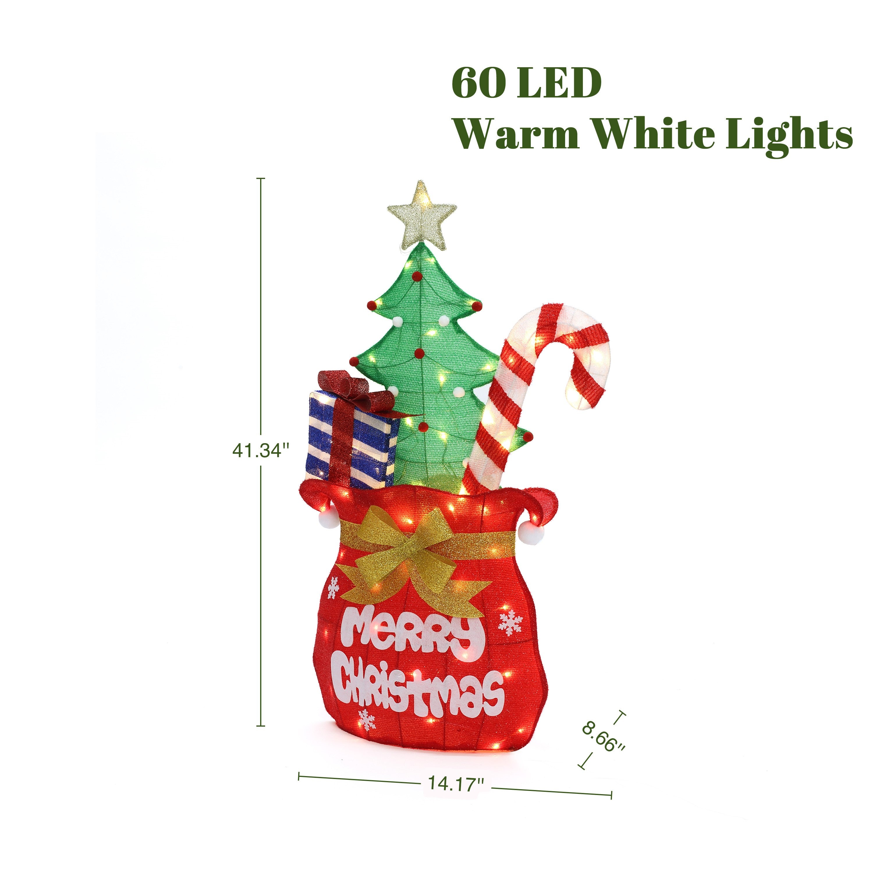 Outdoor christmas decor with lights, Santa’s Pack with "Merry Christmas," green tree, candy cane, presents,size: 41.34'' H x 14.17''W x 8.66'' D.