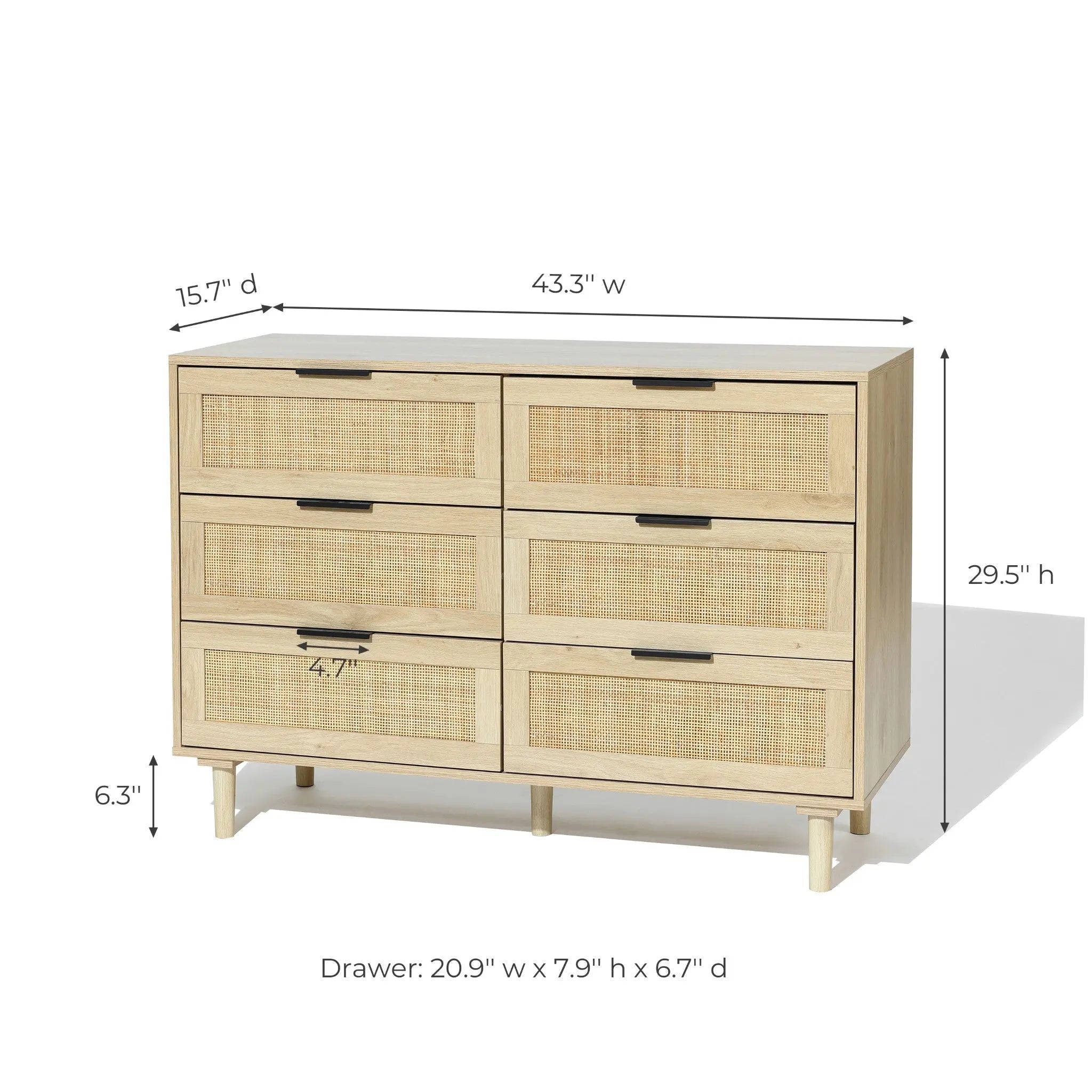 overall dimensions for the zahra light wood rattan 6-drawer dresser