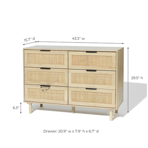overall dimensions for the zahra light wood rattan 6-drawer dresser