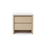 Modern end table in light wood with two spacious drawers and a flat top, perfect as a nightstand.