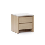 A light wood modern end table with two drawers, photographed against a white background.