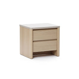 A light wood modern end table with two drawers, photographed against a white background.