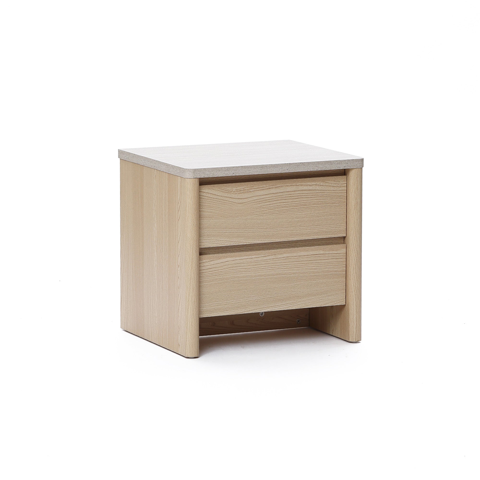 A light wood modern end table with two drawers, photographed against a white background.