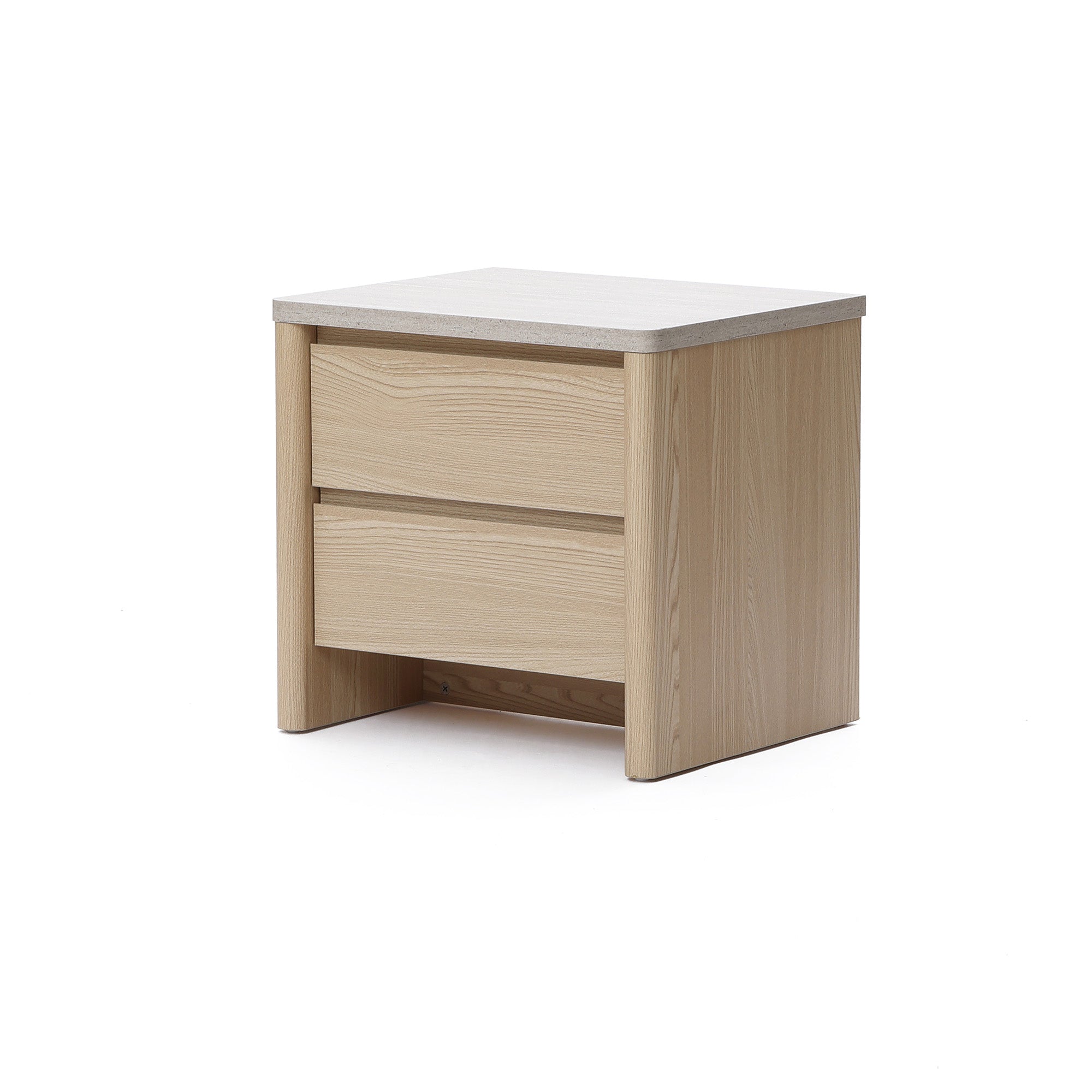 Modern end table in light wood with two drawers and a smooth, flat top, shown against a white background.