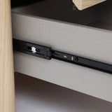 Close-up view of a modern end table, revealing the metal drawer slide mechanism attached to the side of the drawer and cabinet.