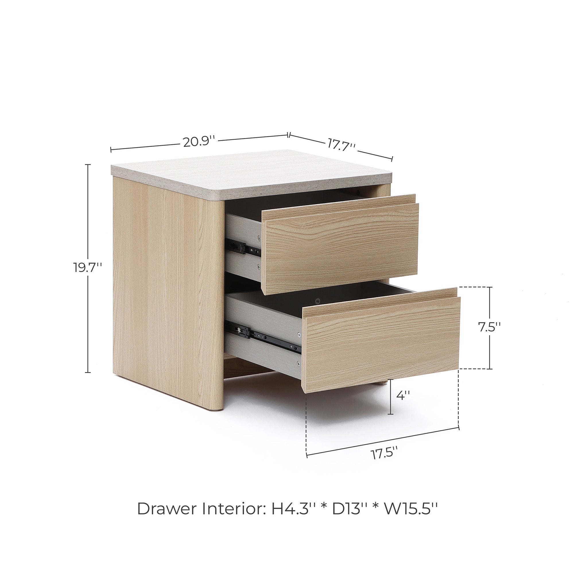 Modern end table size: 19.7"H, 20.9"W, 17.7"D; drawer interiors 7.5"H, 17.5"W.