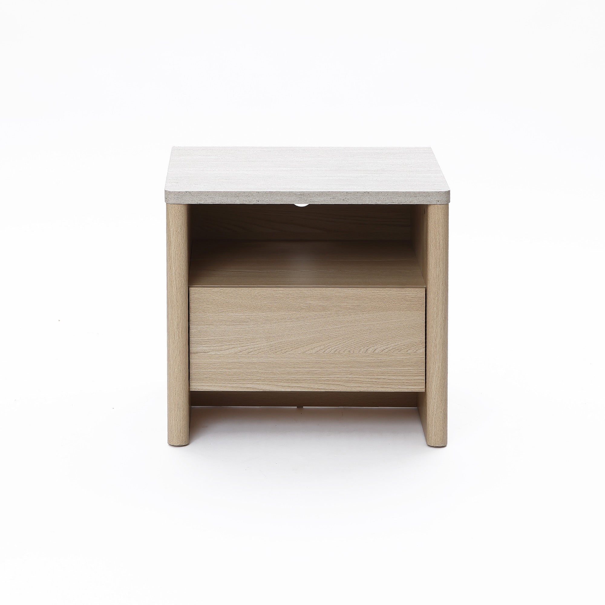 Modern end table in snow oak finish features one open shelf and a closed drawer for storage.