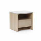Snow oak end table featuring a single drawer and an open shelf, photographed against a plain white background.