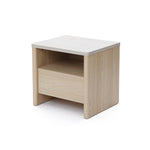 Modern end table in a light snow oak finish with a rectangular shape, one drawer, and an open shelf.