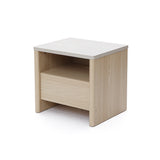Modern end table in a light snow oak finish with a rectangular shape, one drawer, and an open shelf.