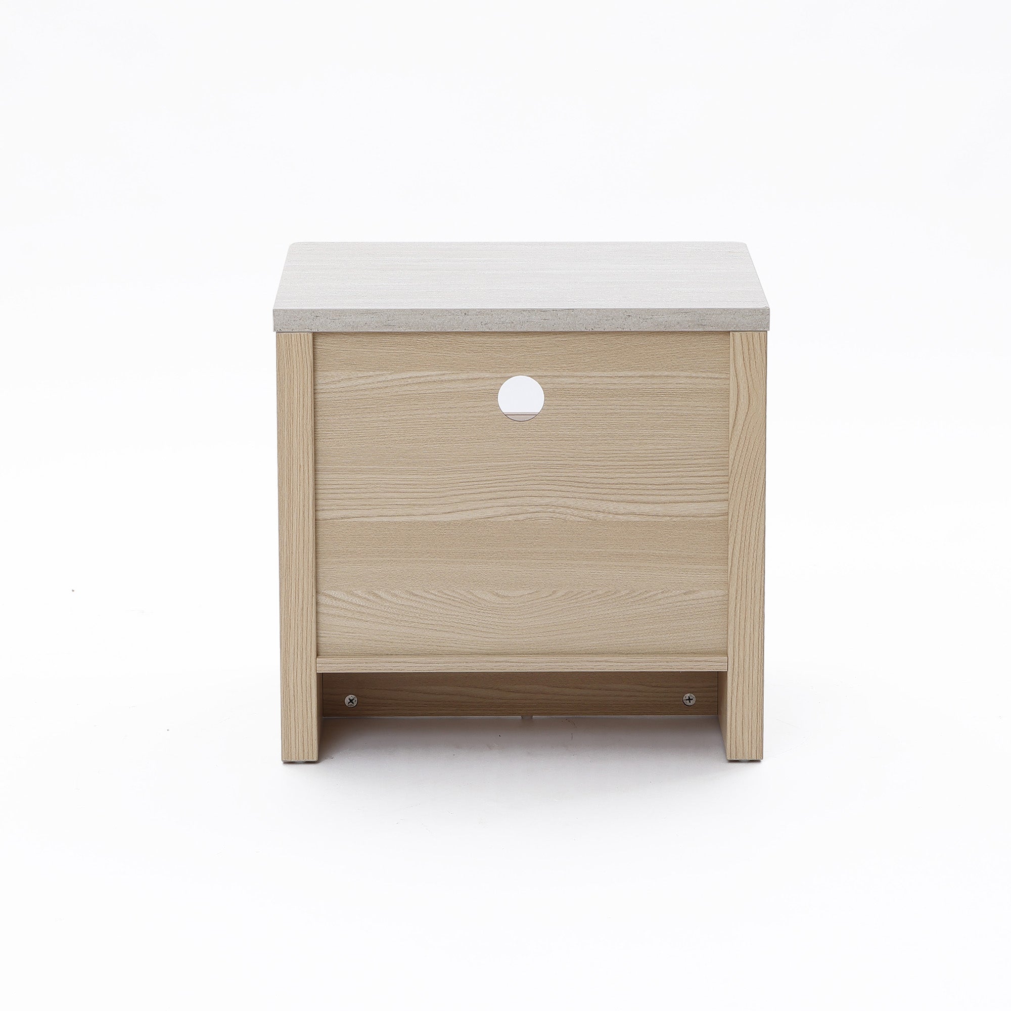 Small square end table featuring a light wood finish and a circular hole, set against a white background.