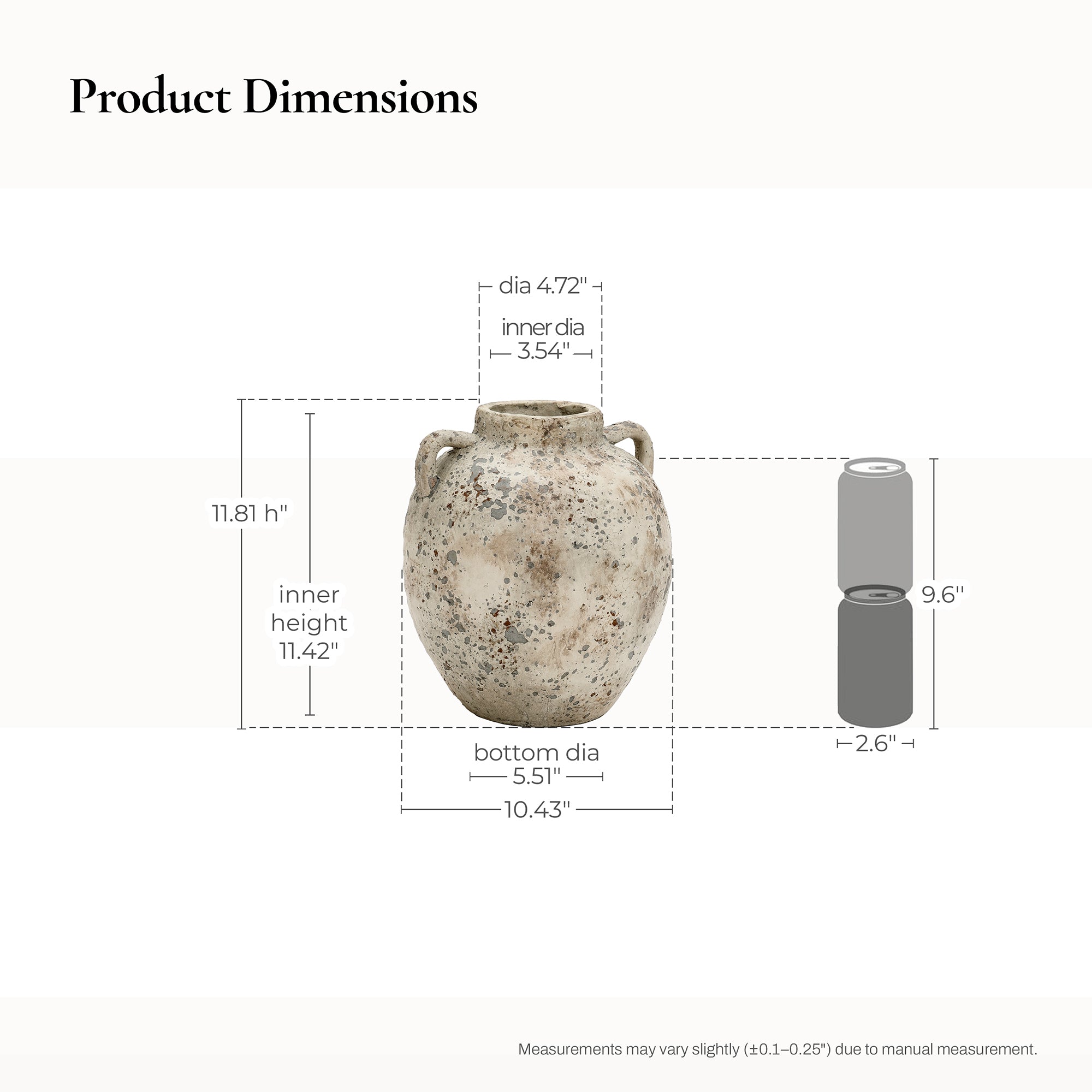 Terracotta Vase with two small handles, shown front view with dimensions labeled: 11.81" high, 5.51" bottom diameter, 4.72" top diameter, 3.54" inner diameter, and 10.43" wide, perfect for rustic home décor.