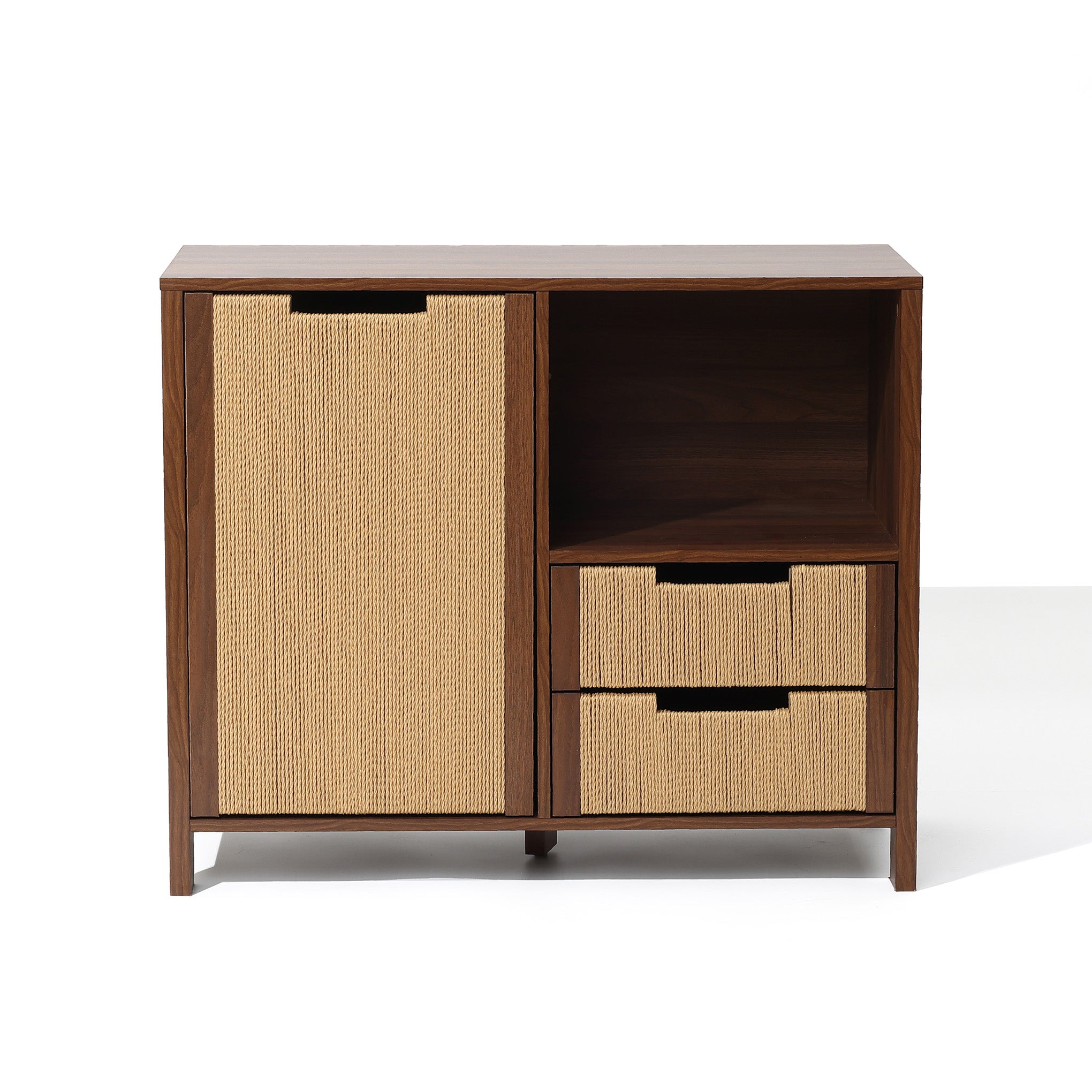 Wood storage cabinet features one large door, two drawers with woven fronts, and an open shelf on the right side.