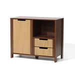 Wood cabinet features a large door on the left, two drawers on the bottom right, and an open shelf above.