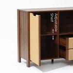 Accent cabinet an adjustable shelf inside. Text and arrows highlight the shelf’s adjustable position.
