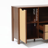 Accent cabinet an adjustable shelf inside. Text and arrows highlight the shelf’s adjustable position.