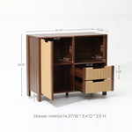 A wood storage cabinet with two open cubbies and two drawers is shown with labeled dimensions.