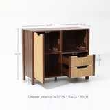A wood storage cabinet with two open cubbies and two drawers is shown with labeled dimensions.