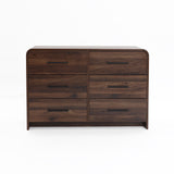 A sleek walnut dresser with six drawers and black handles.