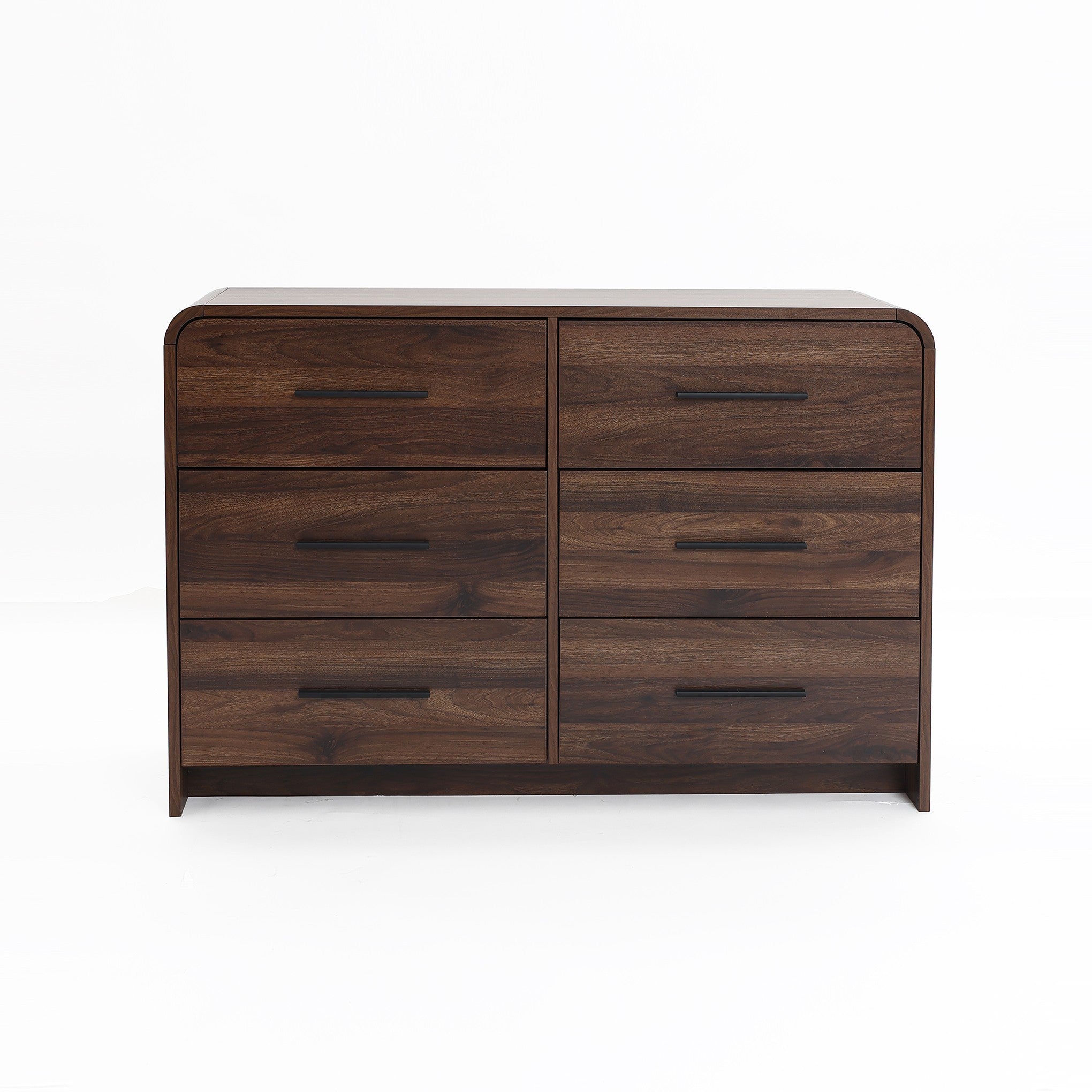 A sleek walnut dresser with six drawers and black handles.