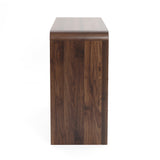 Side view of a rectangular walnut dresser with a smooth, dark wood grain finish.