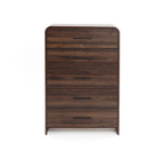 A 5-drawer wood storage vertical chest with black horizontal handles.