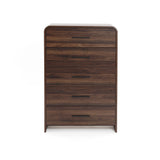 A 5-drawer wood storage vertical chest with black horizontal handles.