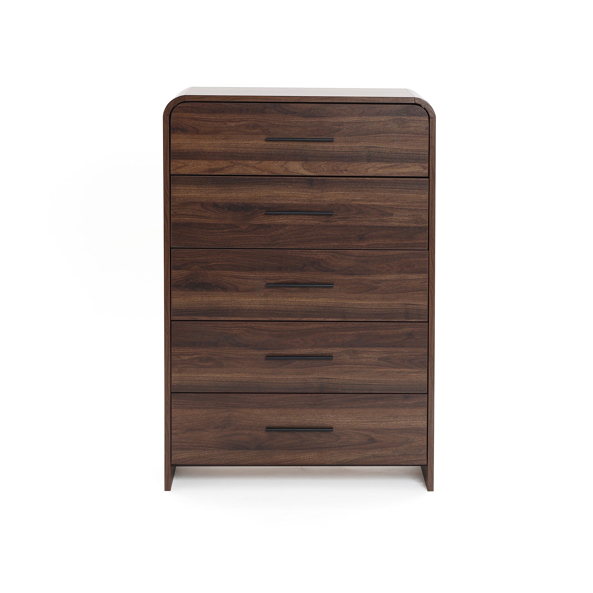 A 5-drawer wood storage vertical chest with black horizontal handles.