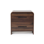 A walnut nightstand with a dark finish featuring two drawers, minimalist horizontal handles.