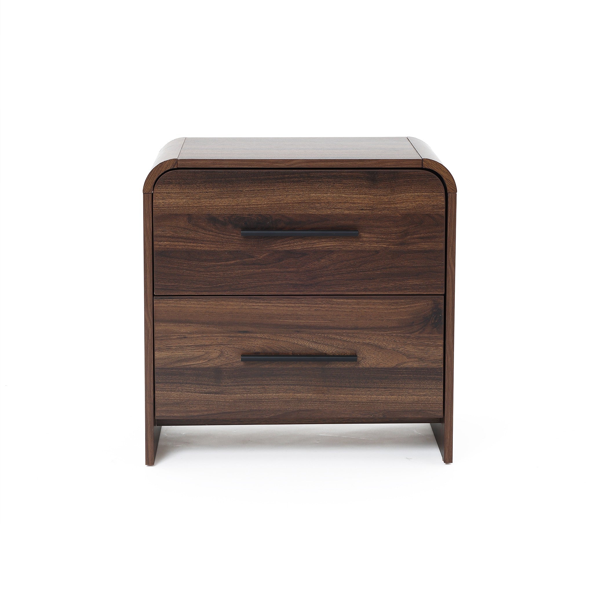 A walnut nightstand with a dark finish featuring two drawers, minimalist horizontal handles.
