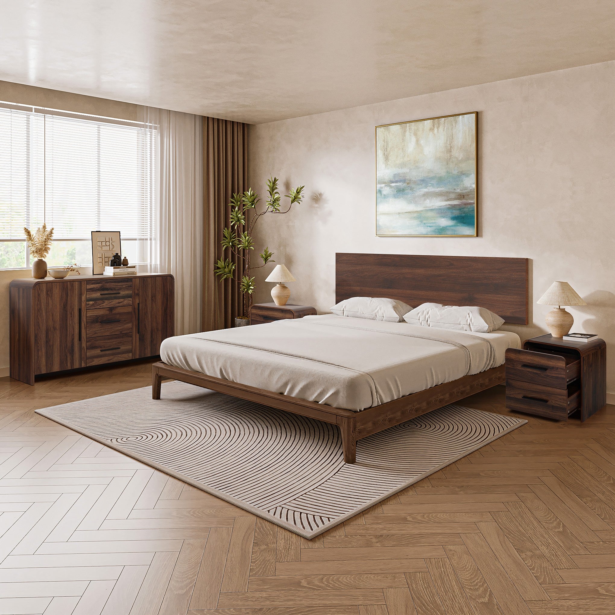 Modern bedroom featuring walnut nightstand, potted plant, abstract painting.