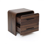 A walnut nightstand with a dark finish features two open drawers and black horizontal handles.