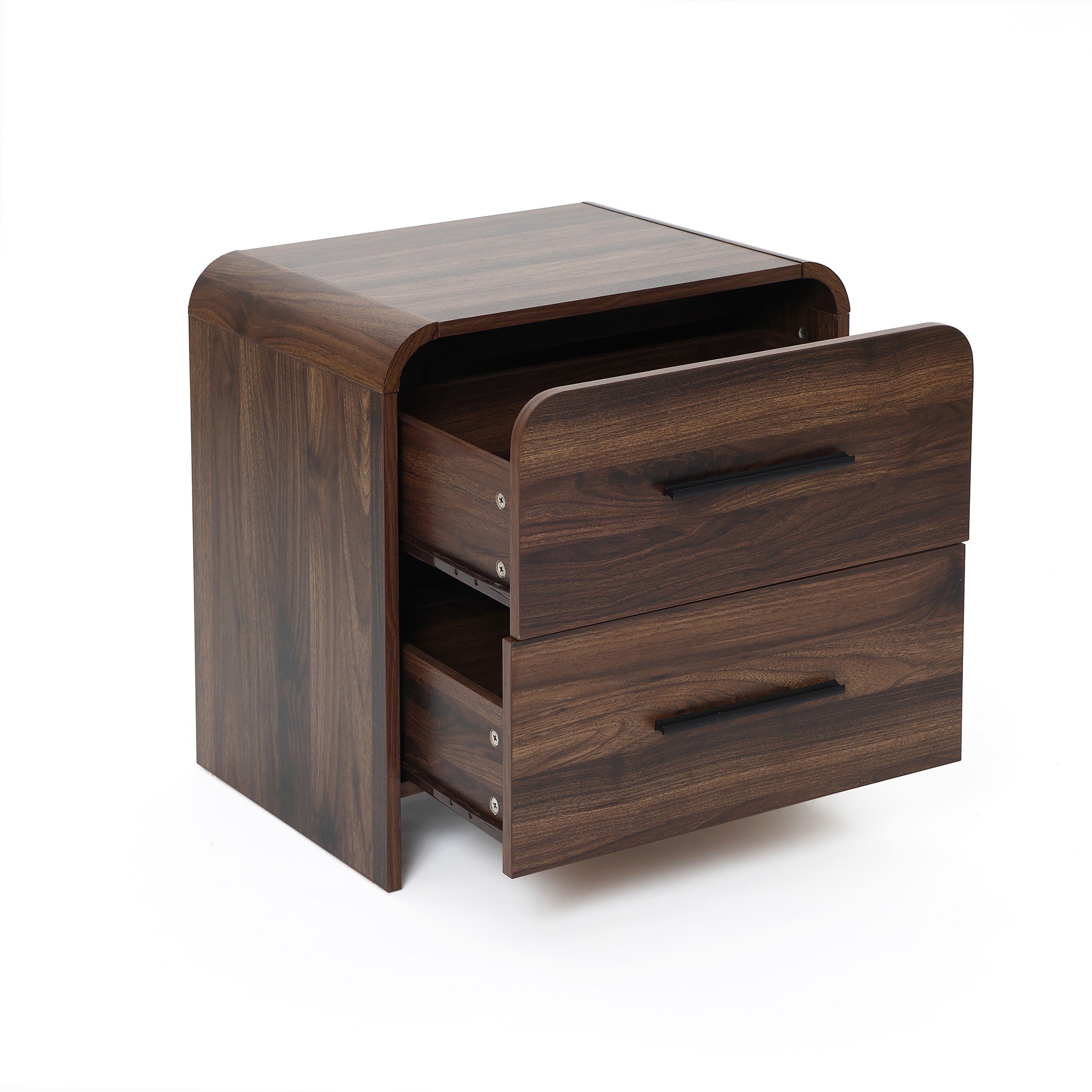 A walnut nightstand with a dark finish features two open drawers and black horizontal handles.