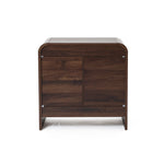 The image shows the back of a dark walnut bedside table with two drawers, set against a pure white background.