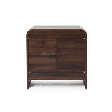 The image shows the back of a dark walnut bedside table with two drawers, set against a pure white background.