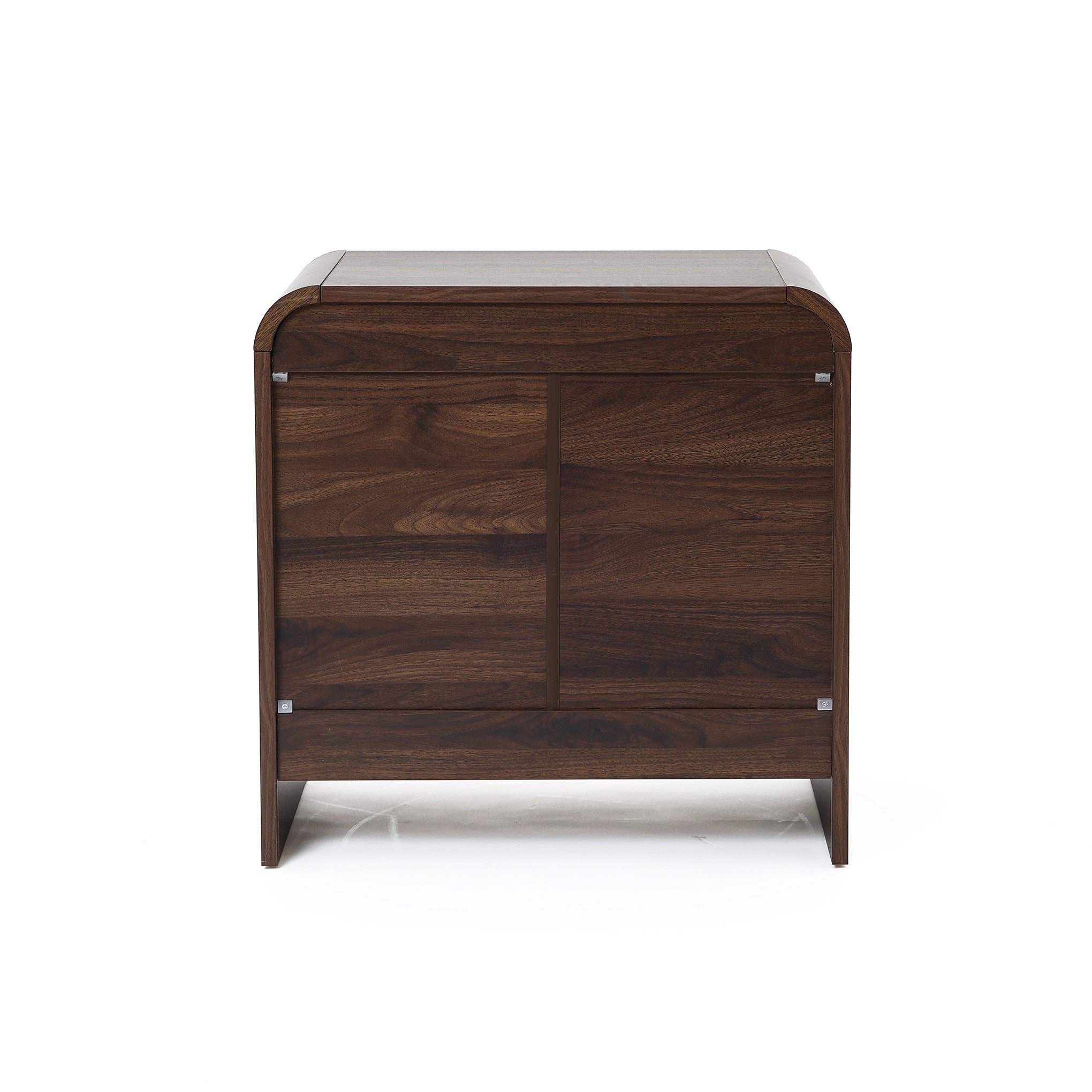 The image shows the back of a dark walnut bedside table with two drawers, set against a pure white background.