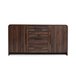 this wood sideboard cabinet boasts a dark finish with 2 cabinets on each side ,3 center drawers, all featuring sleek horizontal handles.