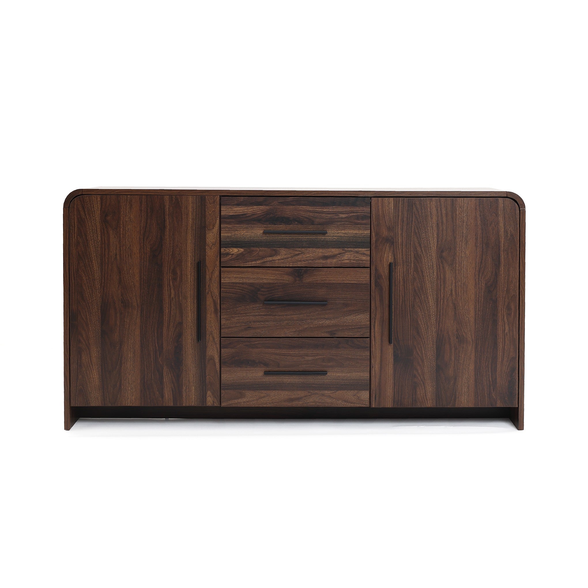 this wood sideboard cabinet boasts a dark finish with 2 cabinets on each side ,3 center drawers, all featuring sleek horizontal handles.