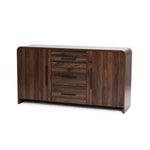 wood sideboard cabinet with 2 doors, 3 central drawers, featuring curved edges and simple black handles.