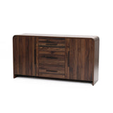 wood sideboard cabinet with 2 doors, 3 central drawers, featuring curved edges and simple black handles.