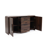 wood sideboard cabinet with 2 open doors on each side 3 center drawers, revealing interior shelves.