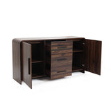 wood sideboard cabinet with 2 open doors on each side 3 center drawers, revealing interior shelves.