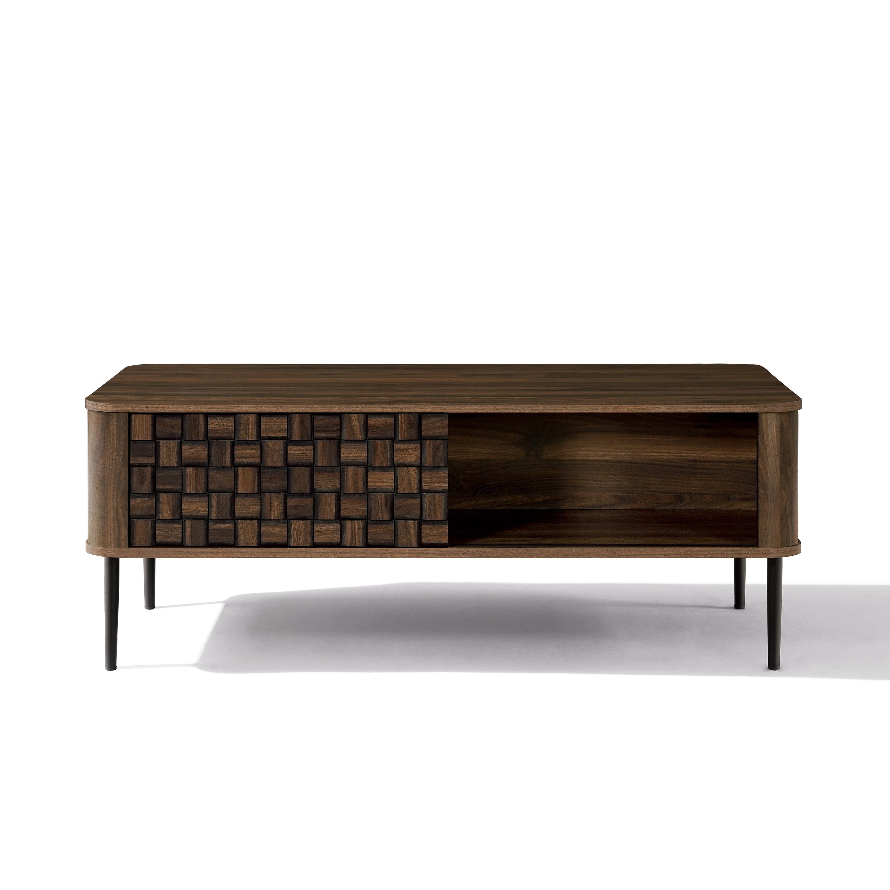 Rectangular wood coffee table with black metal legs, featuring a woven-patterned sliding door and open storage compartment.