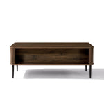 Rectangular mid-century modern coffee table with open storage compartment, four slender black metal legs.