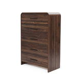 A tall dresser with a dark finish, this wood storage chest features horizontal black handles.