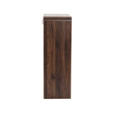 Side view of a rectangular 5-drawer dresser with a brown wood grain finish, photographed against a white background.