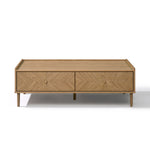 Rectangular Japandi coffee table with two front drawers and angled legs, featuring a light wood finish.