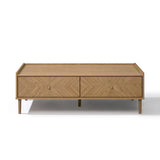 Rectangular Japandi coffee table with two front drawers and angled legs, featuring a light wood finish.