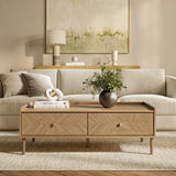 Modern living room with a beige sofa, Japandi coffee table with storage, green plant in a vase, stacked books.