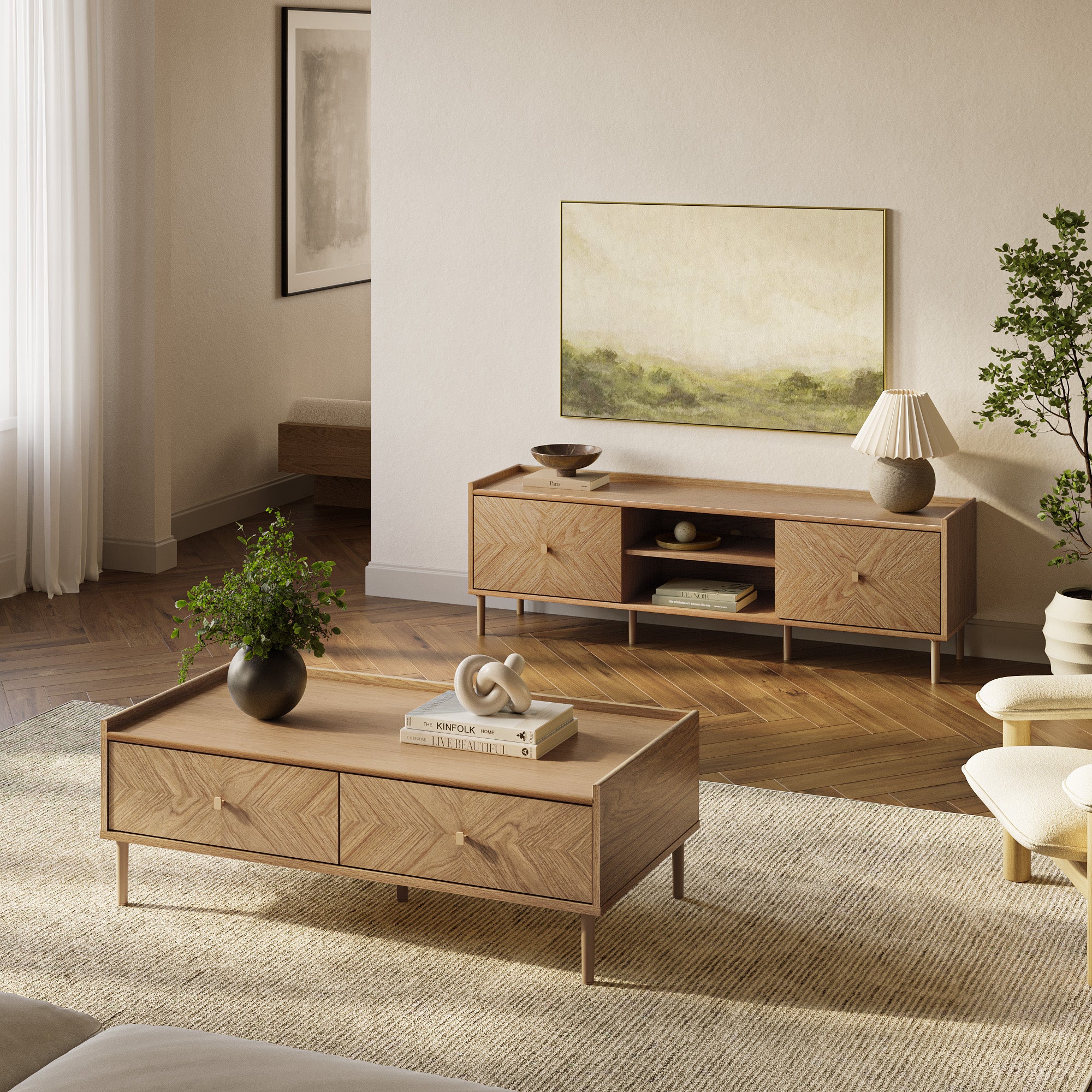 Living room with wood furniture, including a Japandi coffee table, sideboard, potted plants, a neutral rug.